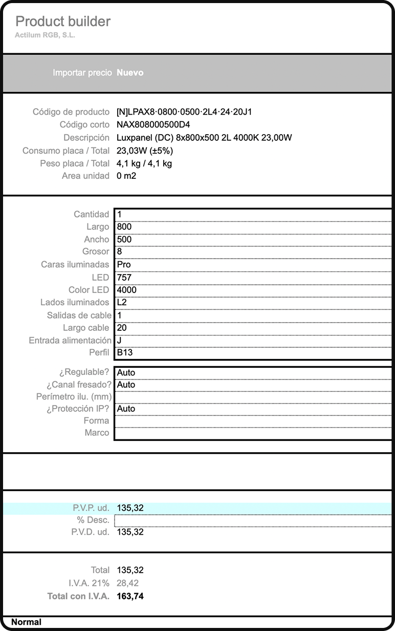 Early Excel-based MVP interface displaying detailed LED panel configuration, product codes, and calculated pricing