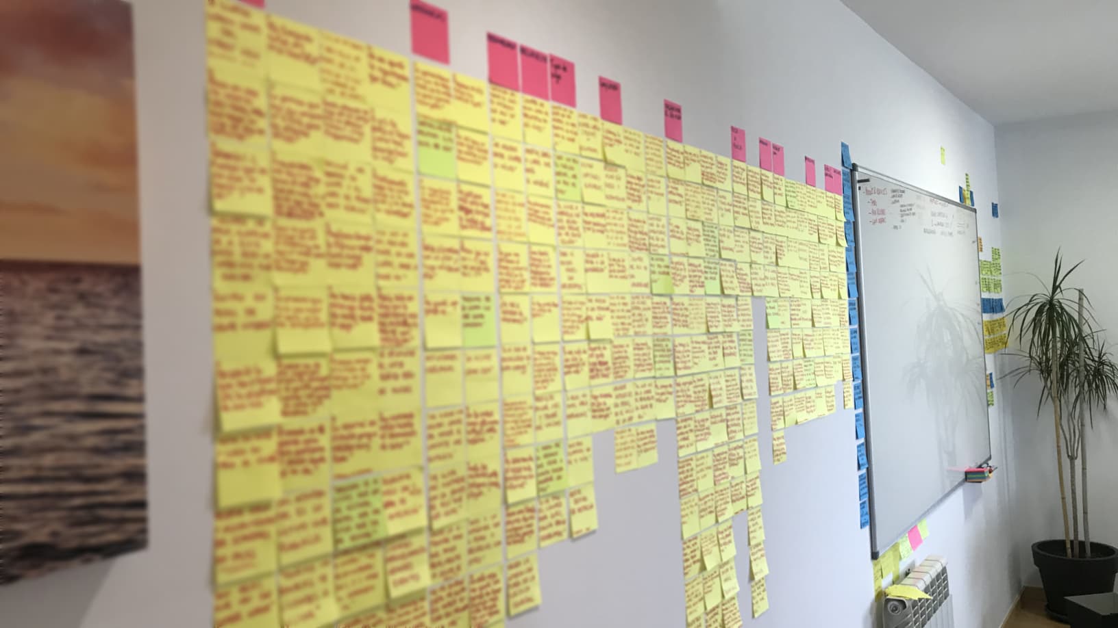 Affinity mapping exercise using post-its to synthesize research data during a design thinking workshop