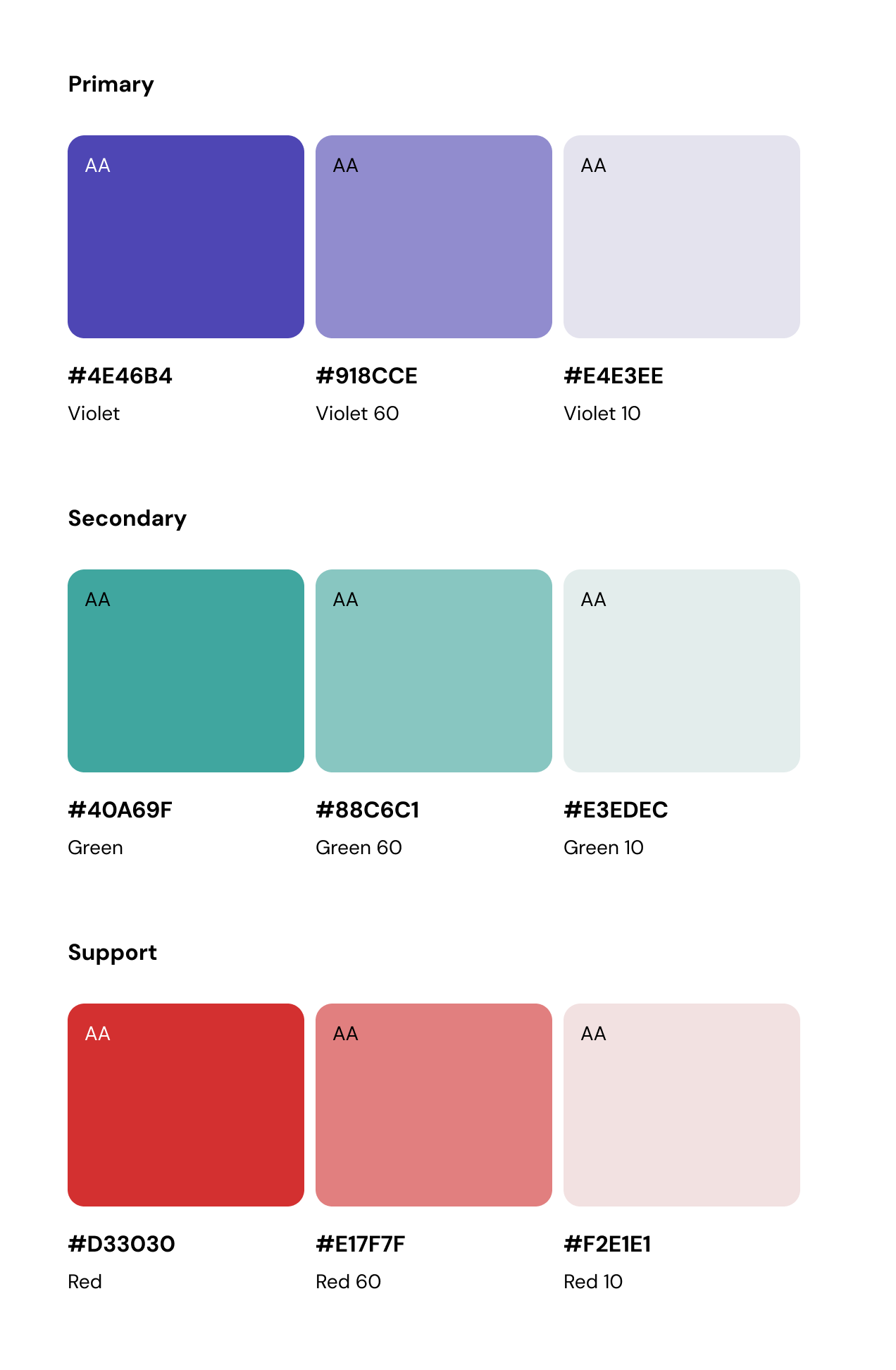 Set of accessible color swatches defined for the Product Builder UI, including purple, teal, and red variants with WCAG AA compliance