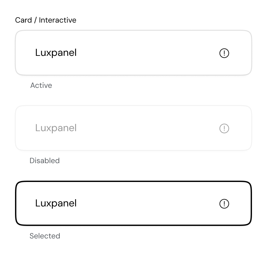 Component state examples in the Product Builder visual system showing different interaction states for Luxpanel