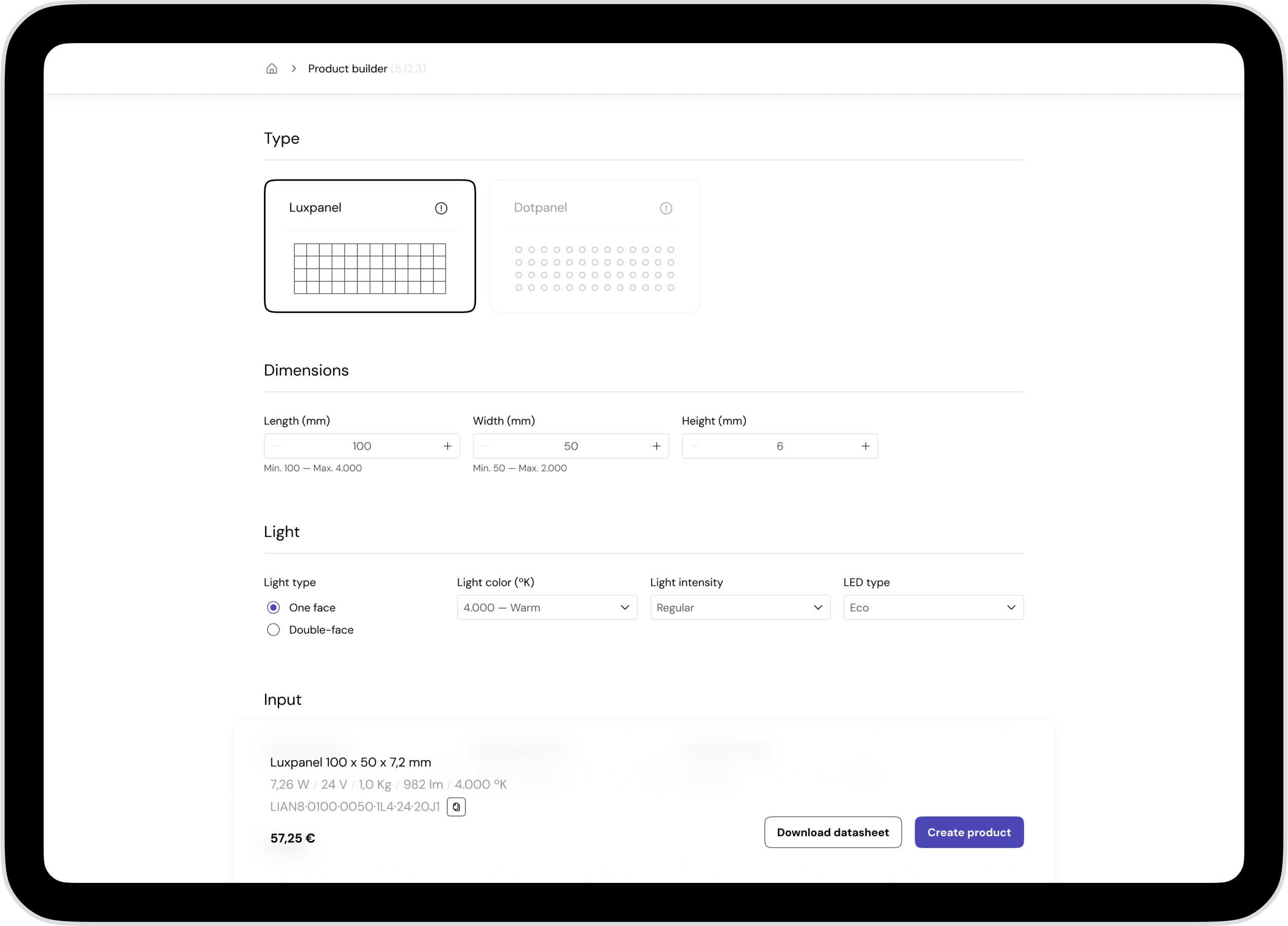 Full view of the Product Builder website showing interactive fields for selecting panel type, size, lighting attributes, and pricing